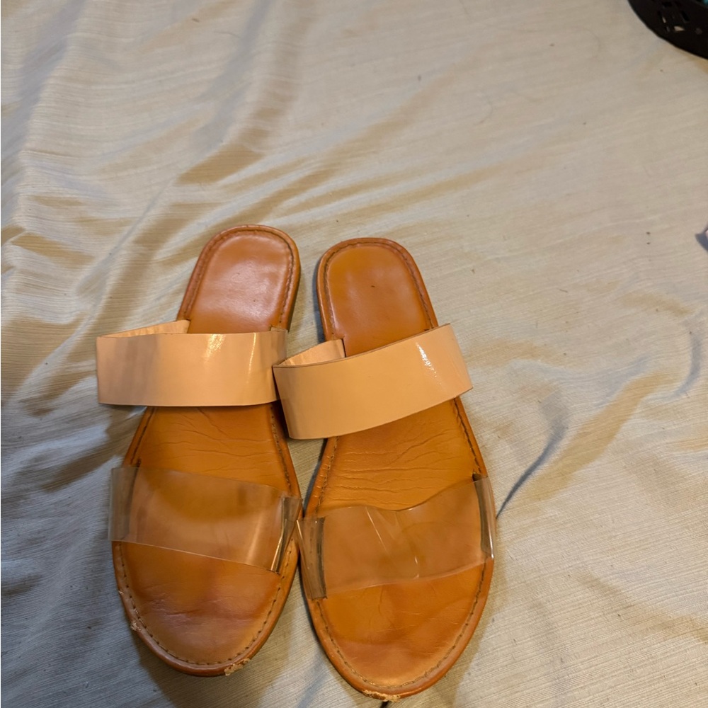 Women’s Neutral Tan Slide Sandals with Clear Strap